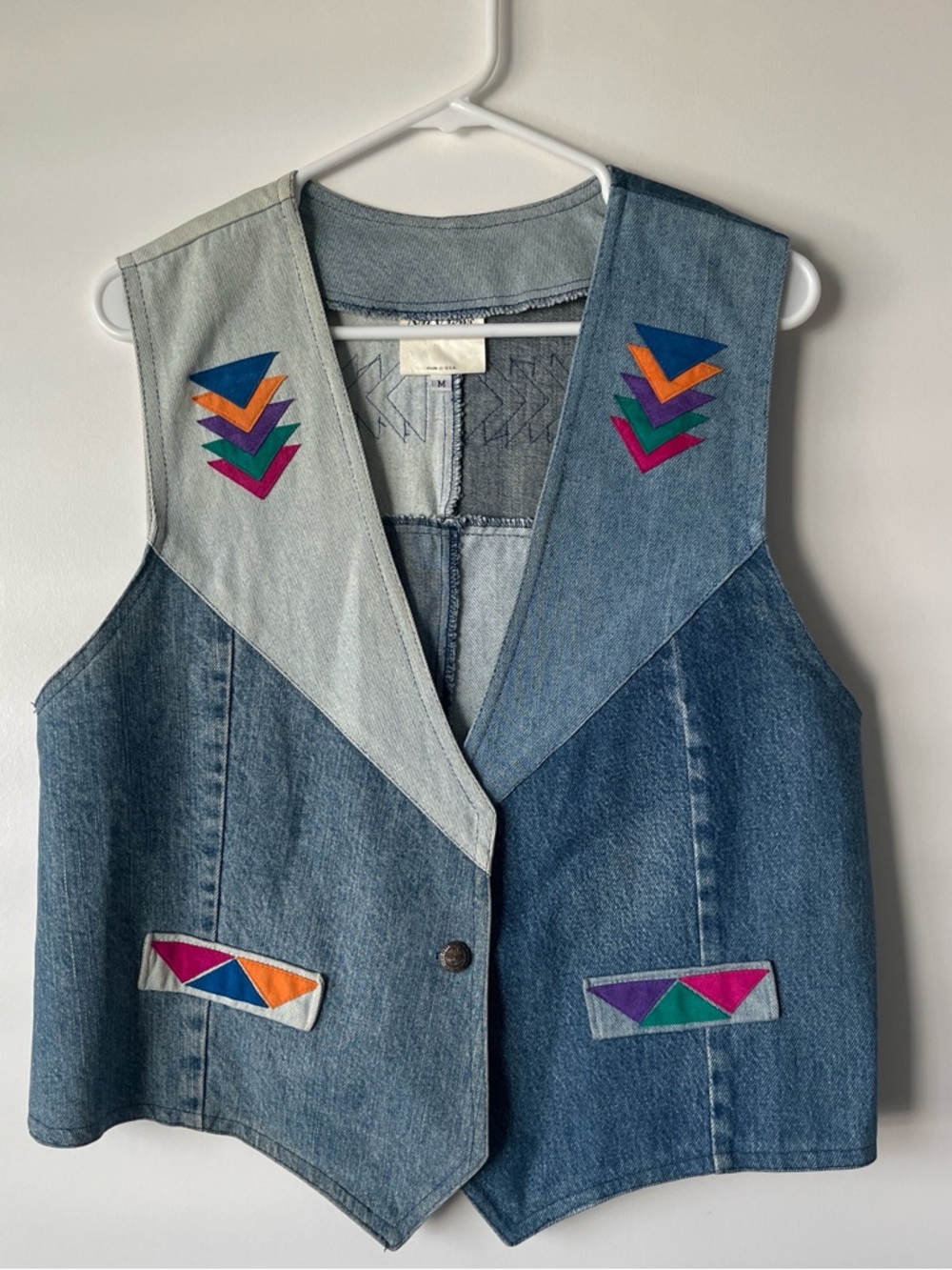 Vintage Denim Vest with Colorful Geometric Inlays